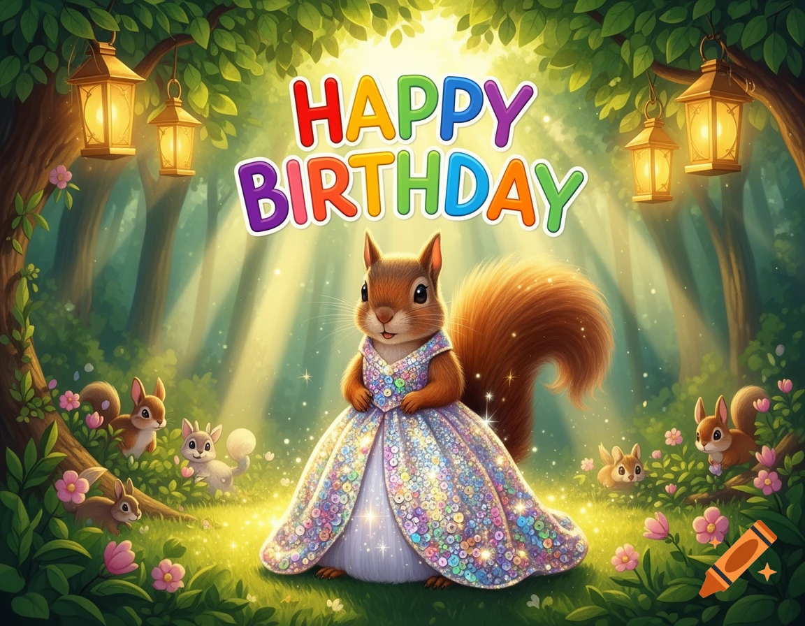A cute squirrel wearing a sparkling dress stands in a magical forest with lanterns, surrounded by other small squirrels and flowers, with "HAPPY BIRTHDAY" text above.