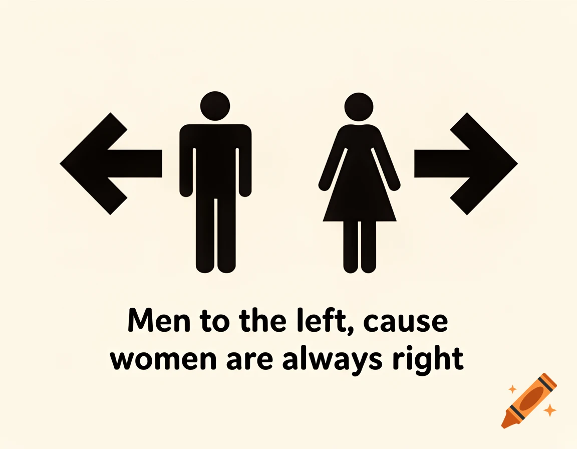 A humorous minimalist sign with a male figure and a left arrow, a female figure and a right arrow, and the text 'Men to the left, cause women are always right'.