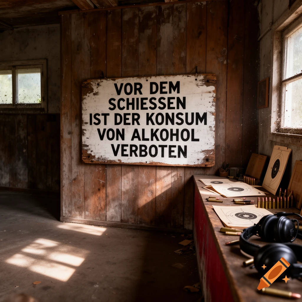 A large sign on a wooden wall in a shooting range reads 'Before shooting, the consumption of alcohol is forbidden.'