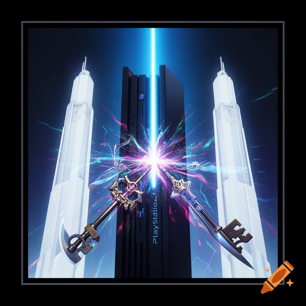 A black PlayStation console with a glowing blue beam, flanked by white towers, with two keyblades clashing in a colorful neon explosion, in a synthwave style.