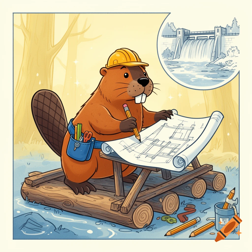 Cartoon beaver wearing a hard hat and tool belt, drawing blueprints for a dam while floating on a log raft.