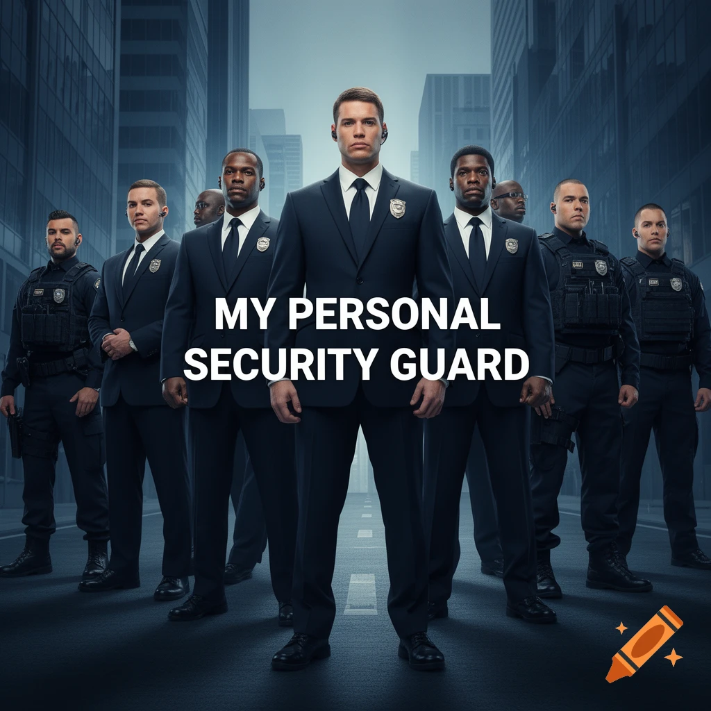 A group of male security guards in suits and tactical vests standing in a city street with text 'MY PERSONAL SECURITY GUARD'.