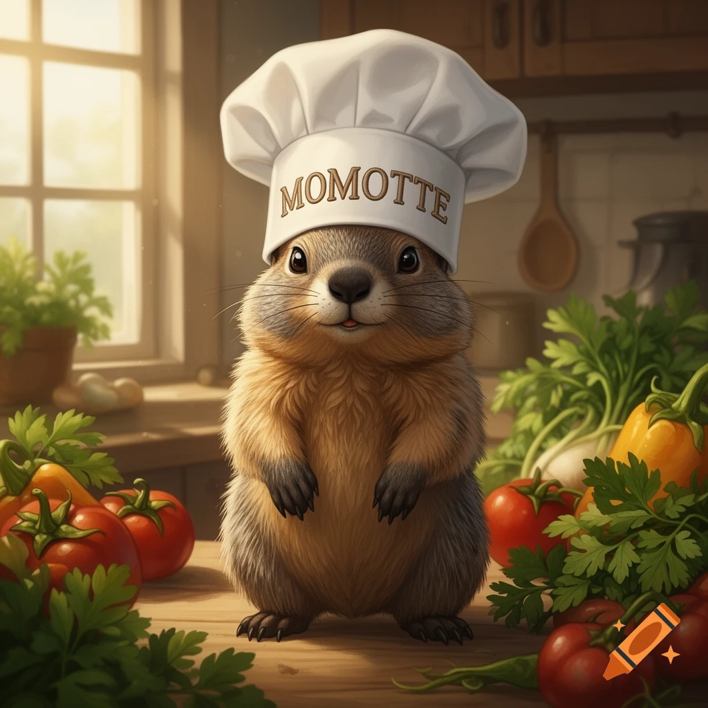 A cute marmot wearing a white chef's hat with "MOMOTTE" on it, standing on a counter with tomatoes and greens in a sunlit kitchen.