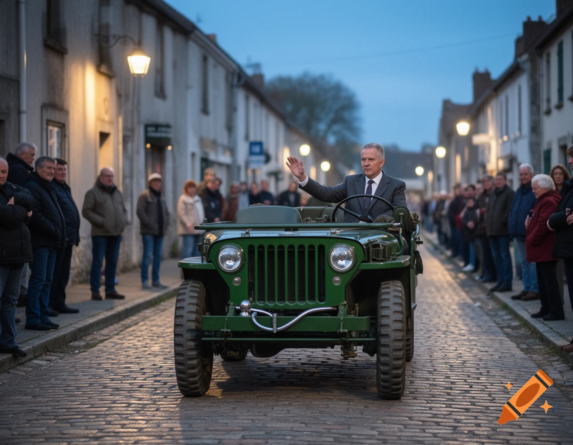 A man in a suit drives a vintage green jeep down a cobblestone street, waving to a crowd of people. Photorealistic.