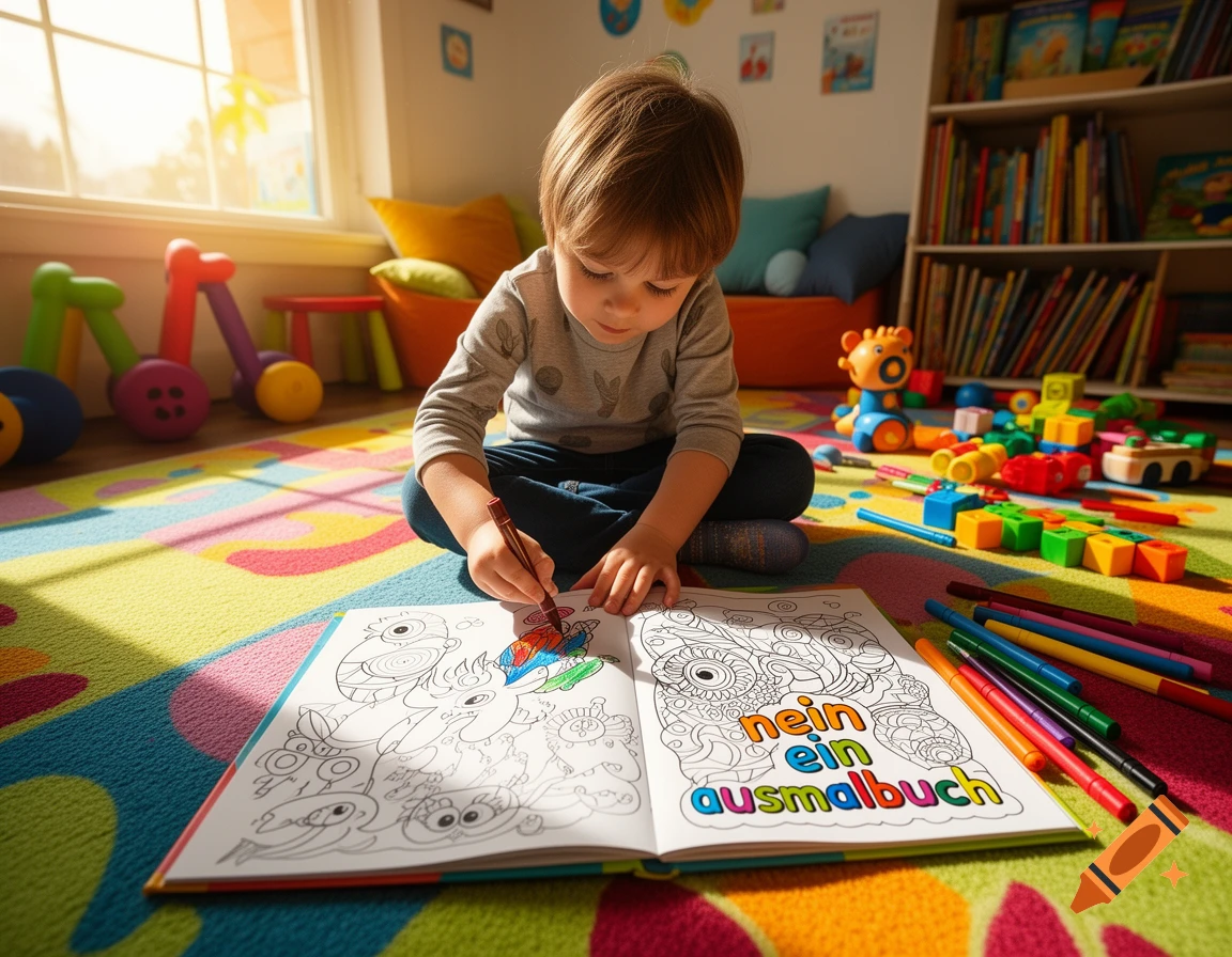 A young child sits on a colorful rug, focused on coloring in a book with crayons, surrounded by toys in a bright room.