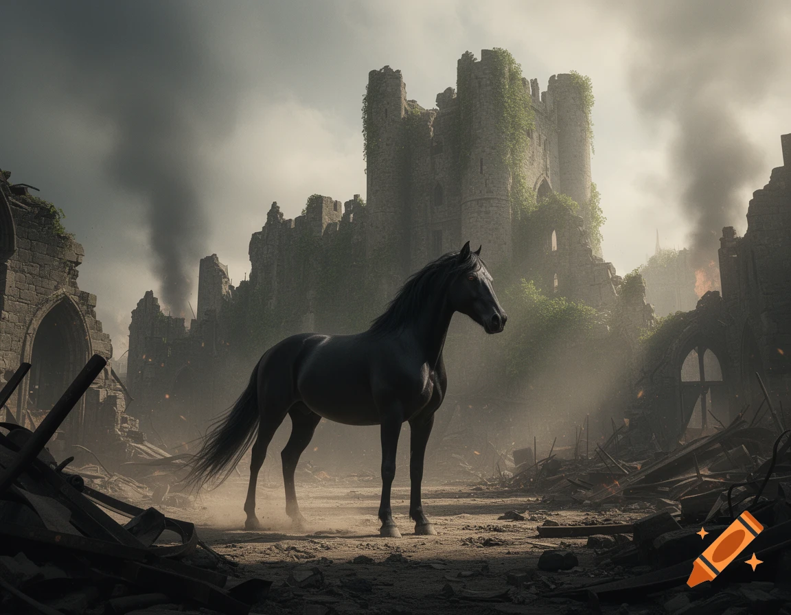 A dark horse stands in a smoky, destroyed warzone with a large, crumbling castle in the background.