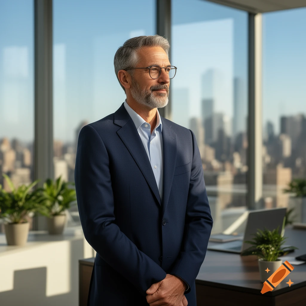 A distinguished man in a navy suit and glasses stands in a modern office, gazing out at a sunny cityscape.