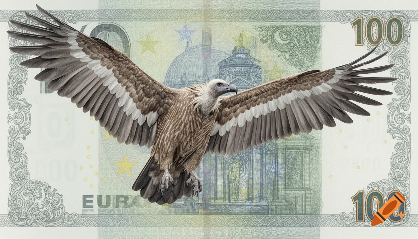 A photorealistic vulture with spread wings against a 100 Euro banknote background.