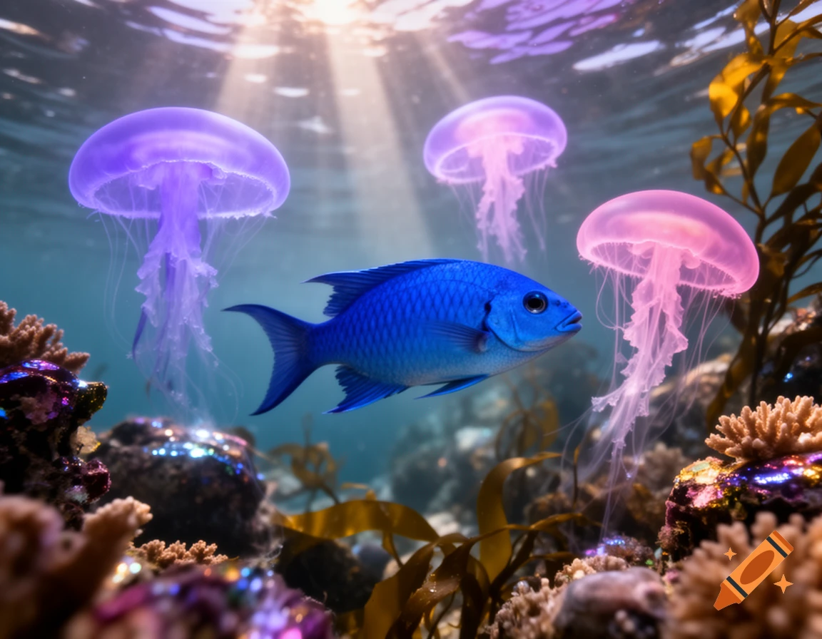 A vibrant blue fish swims among three glowing purple and pink jellyfish in a sunlit underwater coral reef.