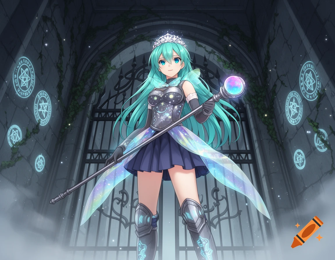 An anime magical girl with long turquoise hair and a crown, wearing armored clothing, holds a staff in front of a magical gate.