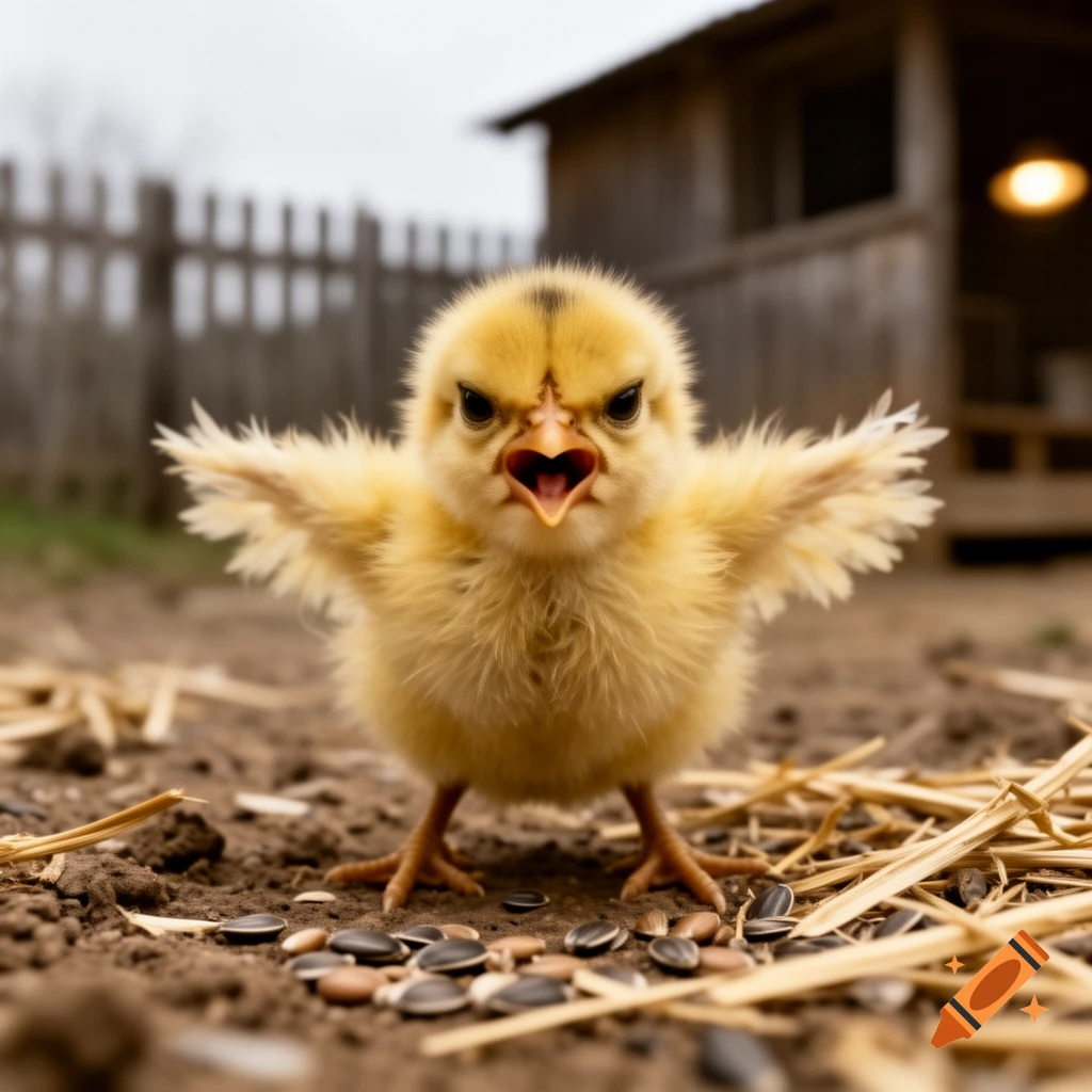 A fluffy yellow chick with an angry expression, wings spread, stands on dirt with sunflower seeds near a wooden coop.