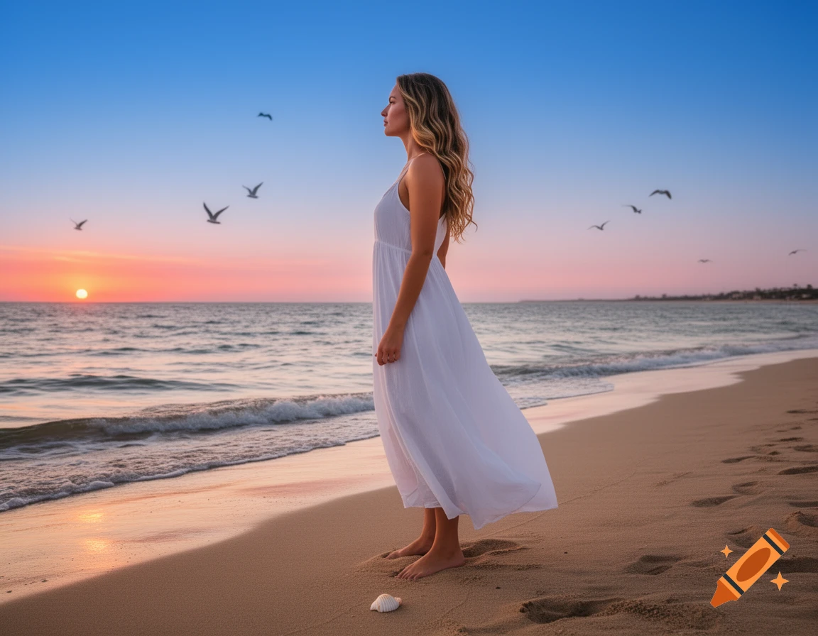 Photorealistic image of a woman in a white dress standing on a sandy beach, looking at the ocean during sunset with seagulls flying.