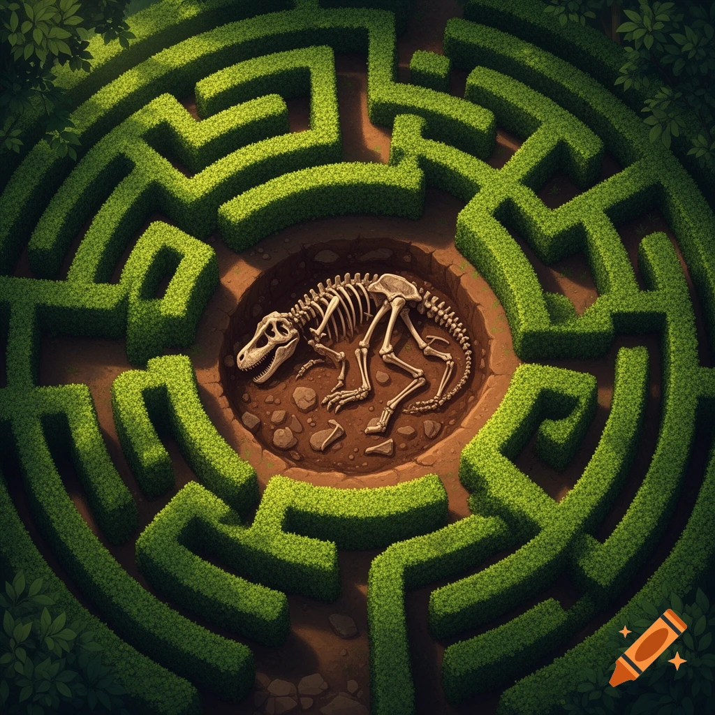 An aerial view of a green hedge maze with a dinosaur skeleton in a dig site at its center.