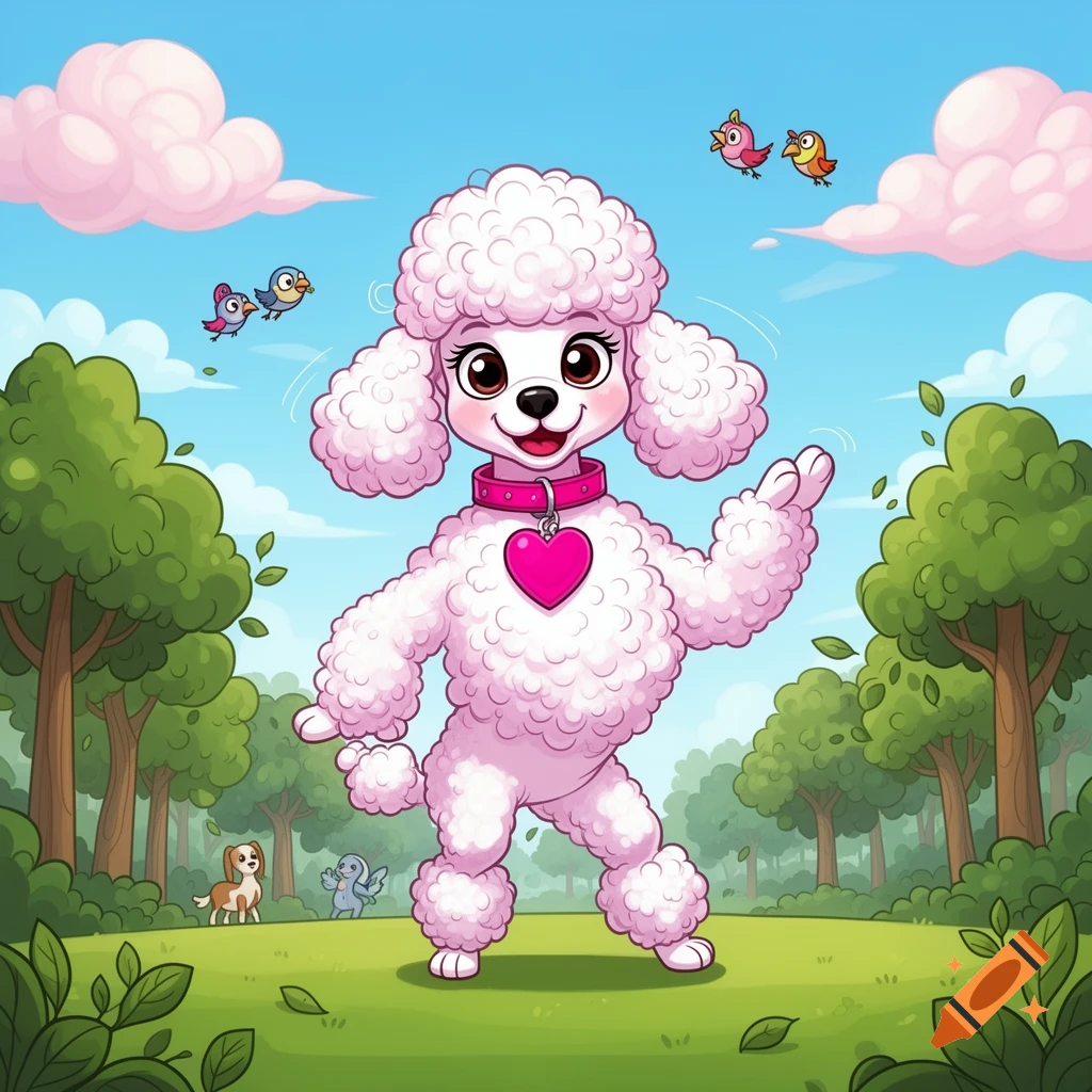 A cartoon pink poodle with a heart collar smiles and waves in a sunny park with trees, birds, and other dogs.