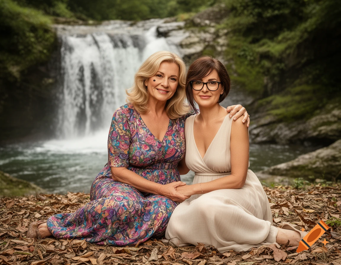 Two smiling women, one blonde and one brunette, sit on fallen leaves in front of a waterfall, embracing.