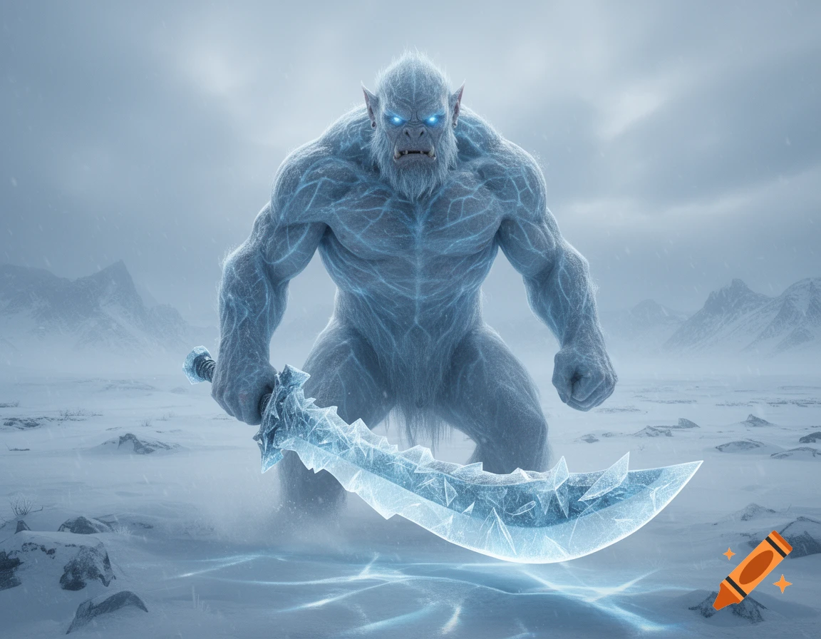 A formidable, muscular ice troll with glowing blue eyes holds a large, curved ice sword in a snowy, mountainous landscape during a blizzard.