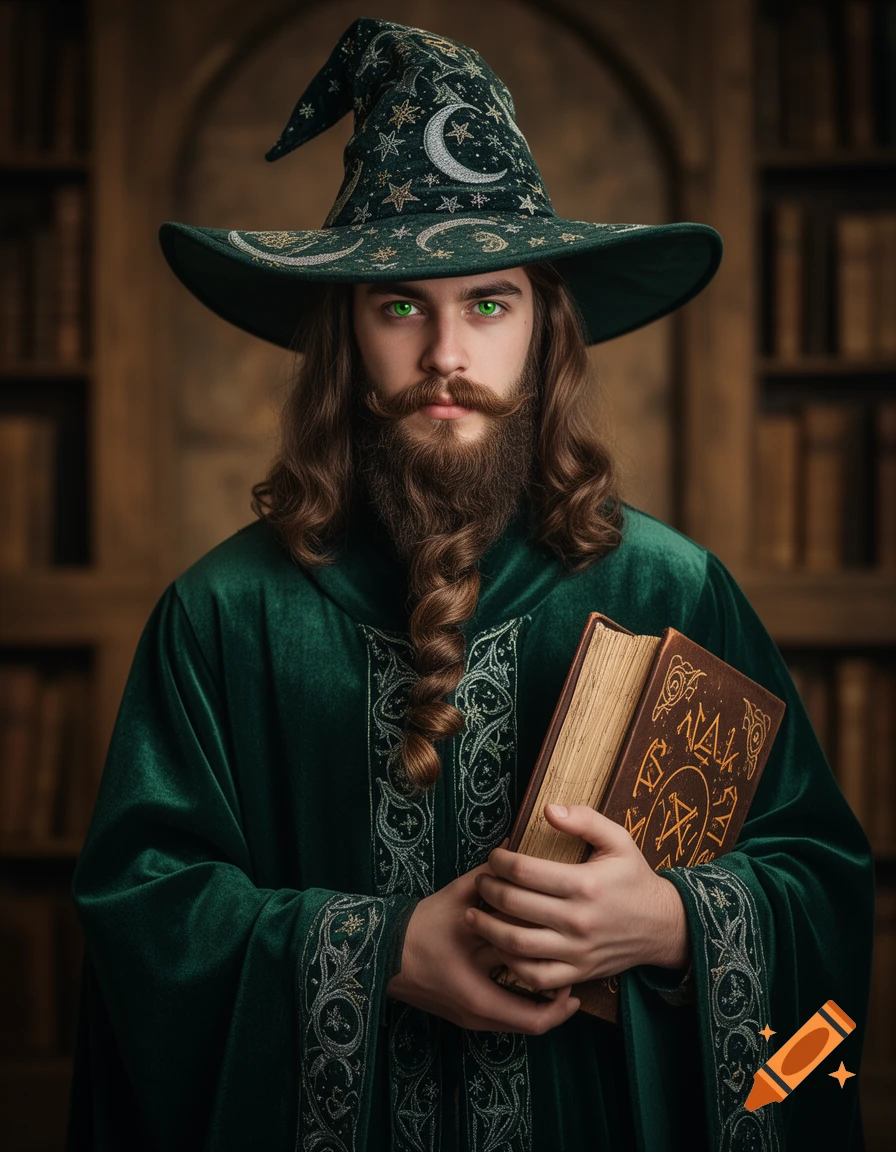 A young, photorealistic wizard with green eyes, long brown hair, and a fancy beard, wearing a green embroidered robe and hat, holding a spell book.