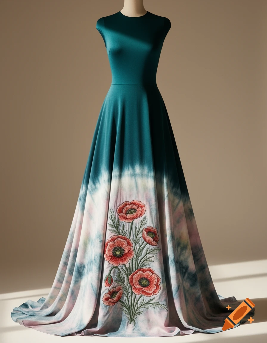 A petrol-colored jersey dress with a tie-dye maxi skirt featuring red poppy embroidery, displayed on a mannequin.