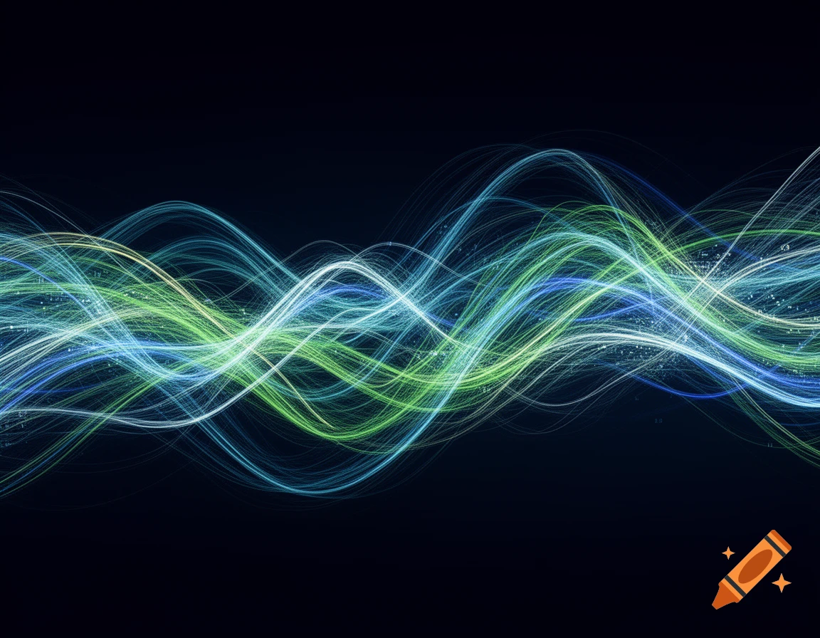 Flowing luminous blue and green wavy lines create an abstract data stream on a dark background.