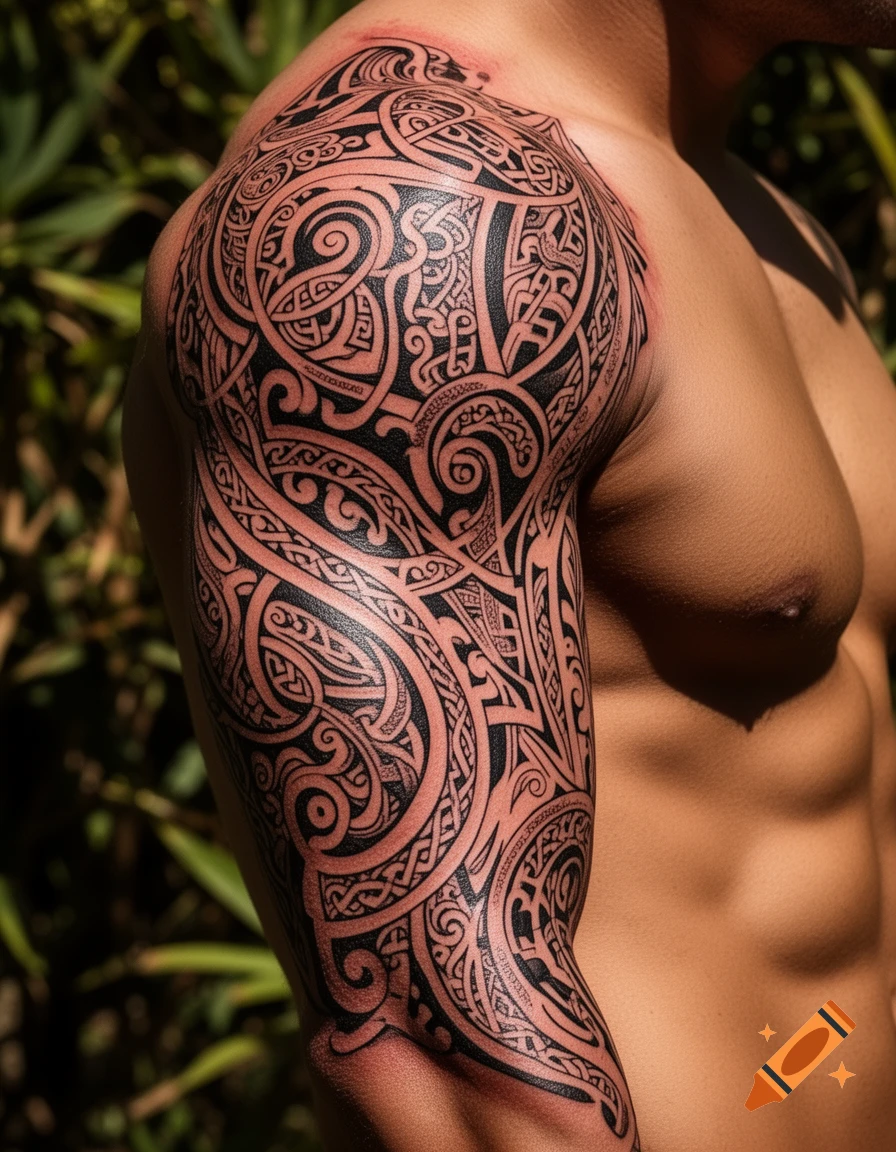 Detailed Kirituhi style tattoo covering a muscular man's arm and shoulder, with intricate black patterns against a blurred green background.