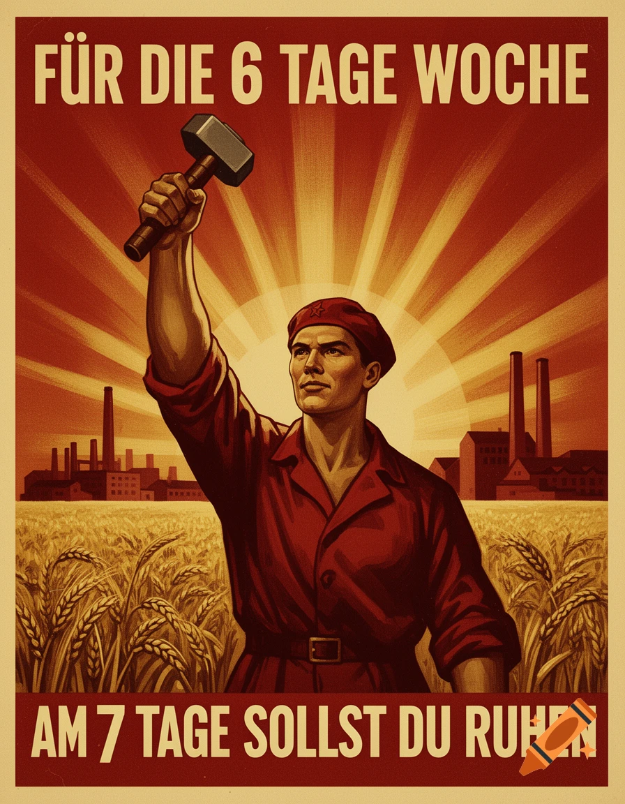 A Soviet-style propaganda poster depicts a man with a hammer in a wheat field, factories in the background, and text 'FÜR DIE 6 TAGE WOCHE AM 7 TAGE SOLLST DU RUHEN'.