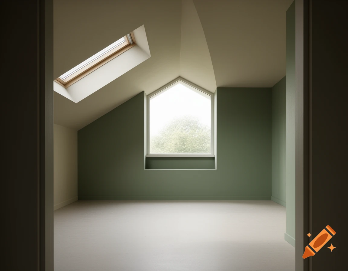An empty room with sage green walls, a sloped ceiling with a skylight, and a large triangular window overlooking trees.