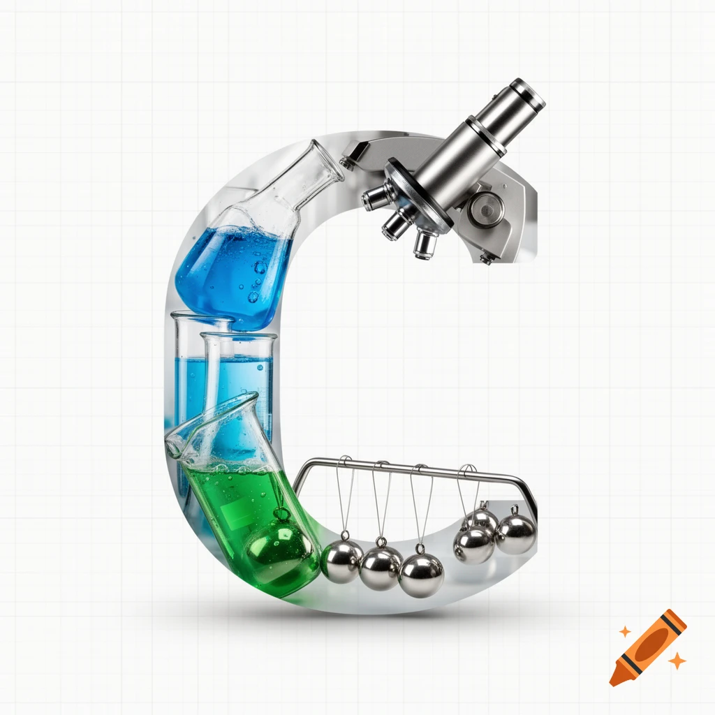 Scientific beakers with blue and green liquids, a microscope, and a Newton's cradle creatively form the letter C on a white grid background.