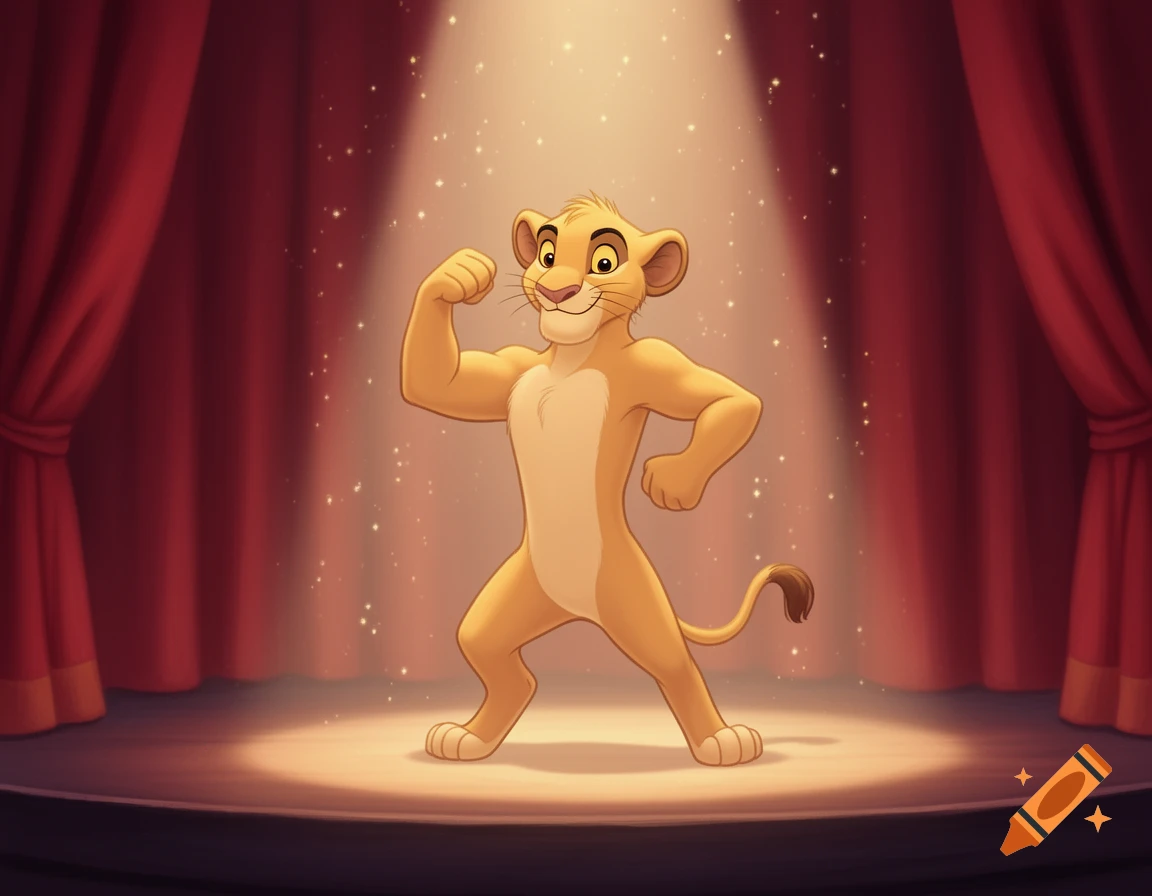 A cartoon lion cub, resembling Simba, flexes his bicep on a stage with red curtains under a spotlight.
