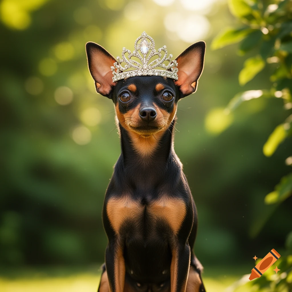 A black and tan miniature pinscher dog wears a sparkly silver princess crown, looking at the camera in a sunny, blurry green outdoor setting.
