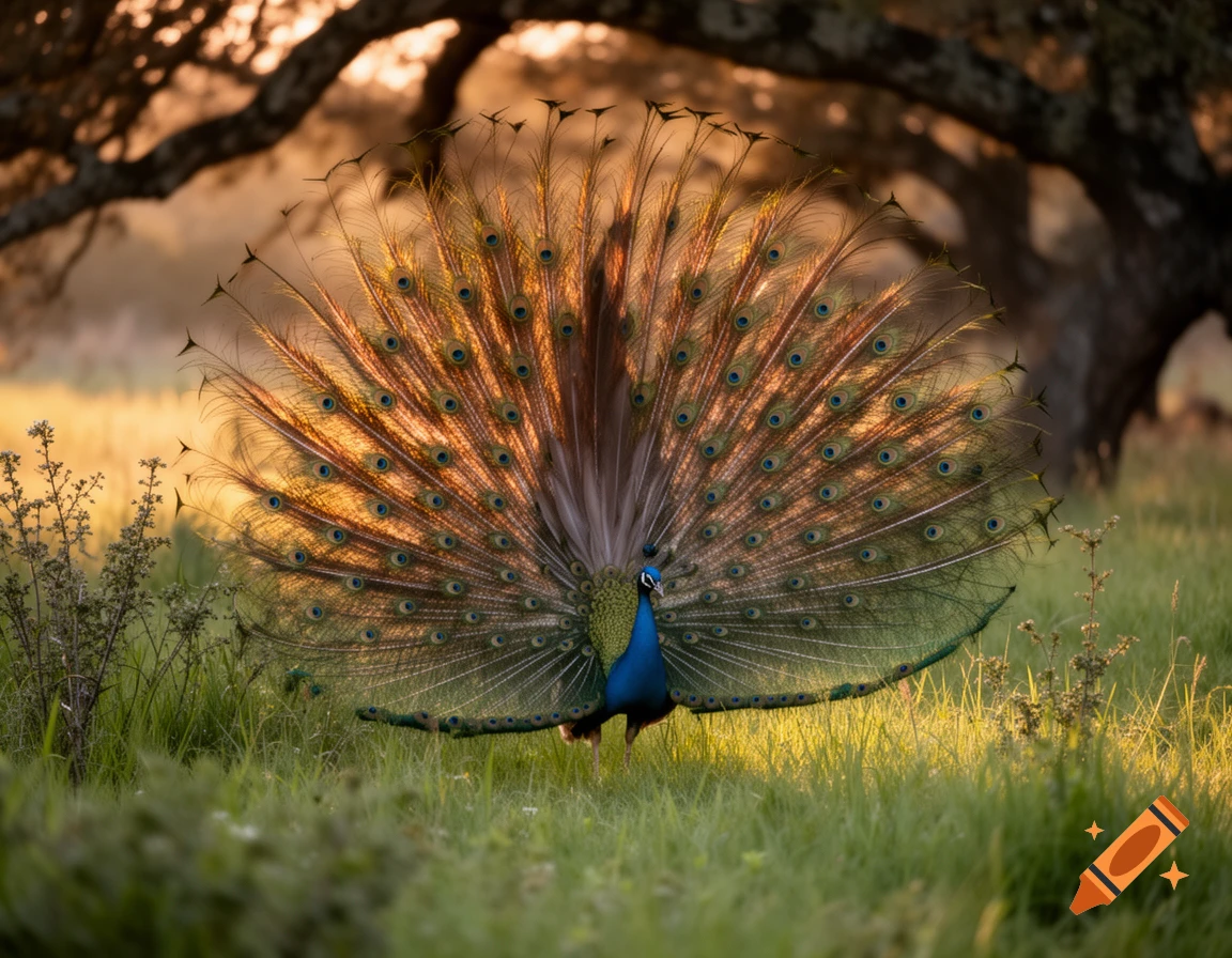 A photorealistic peacock with its vibrant tail fanned out in a sunlit grassy field at golden hour, blurred trees in background.