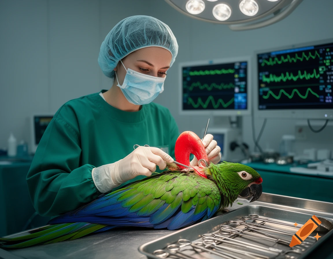A female veterinarian in surgical scrubs and mask performs surgery on a green and blue parrot, surrounded by medical instruments and monitors.