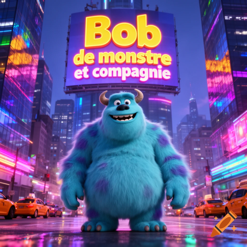 A large blue furry monster stands on a wet city street at night, with neon-lit buildings and a billboard reading 'Bob de monstre et compagnie' in the background.
