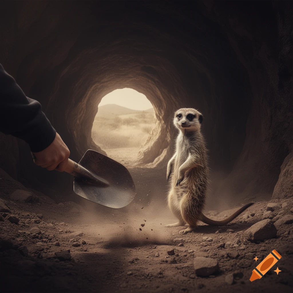 Photorealistic meerkat stands in a dark cave, looking at a human hand holding a shovel, kicking up dust.