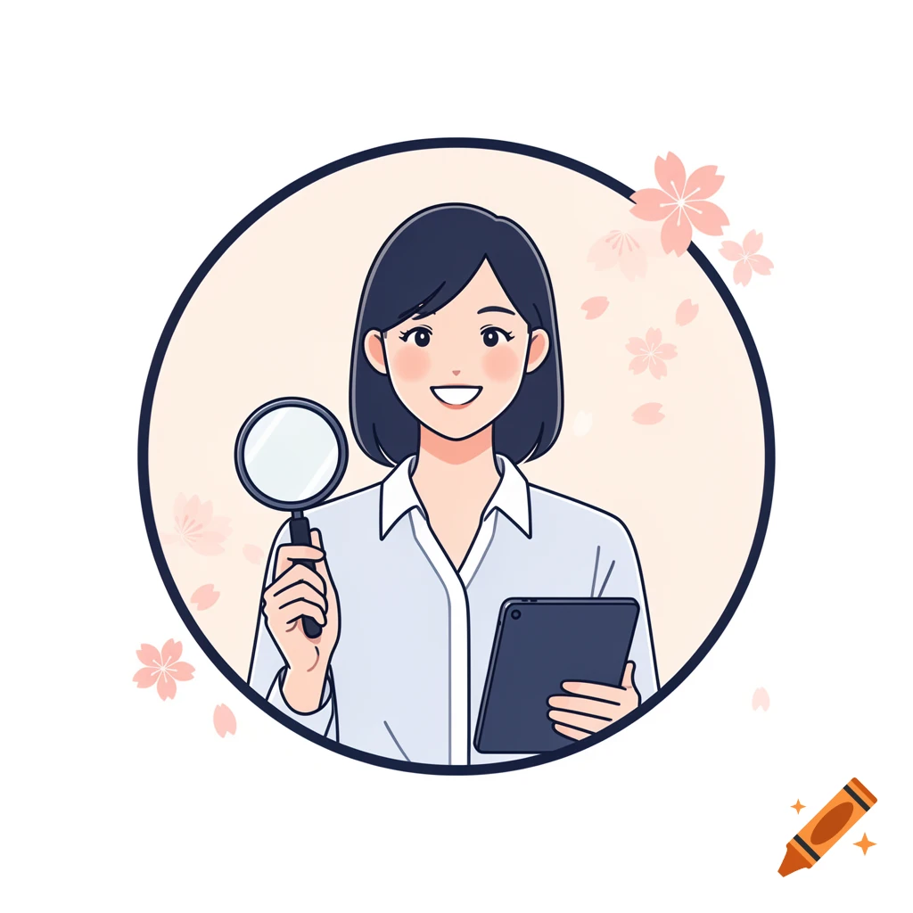 Flat vector icon of a smiling Japanese female virtual assistant holding a magnifying glass and a tablet, with sakura petals.
