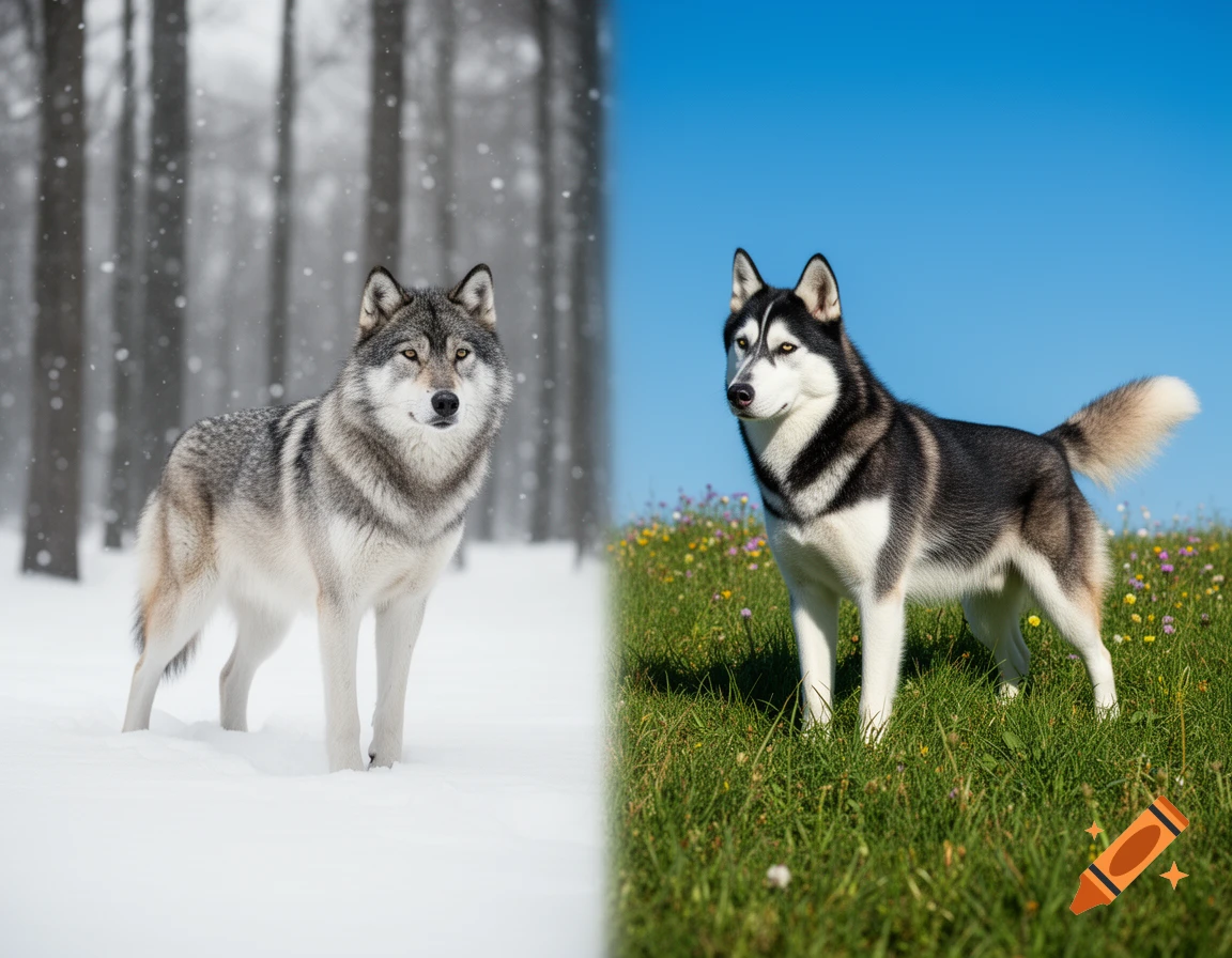 A split image showing a wolf in a snowy forest on the left and a husky in a grassy field on the right.