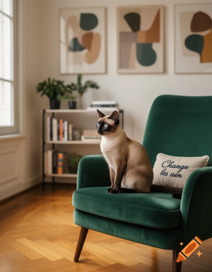 A photorealistic image of a Siamese cat sitting on a dark green velvet armchair in a bright, modern living room.