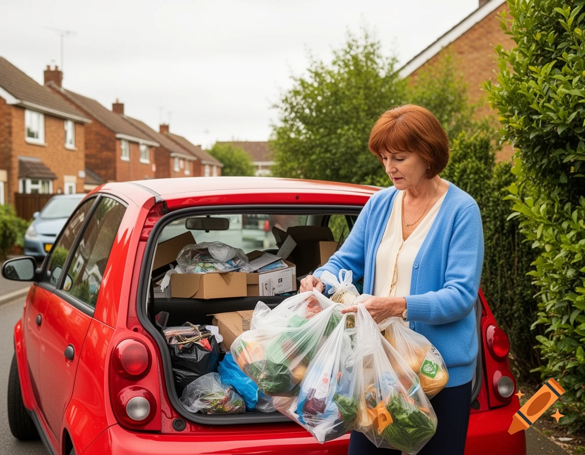 A woman with red hair loads plastic bags of groceries into the trunk of a red car parked on a suburban street.