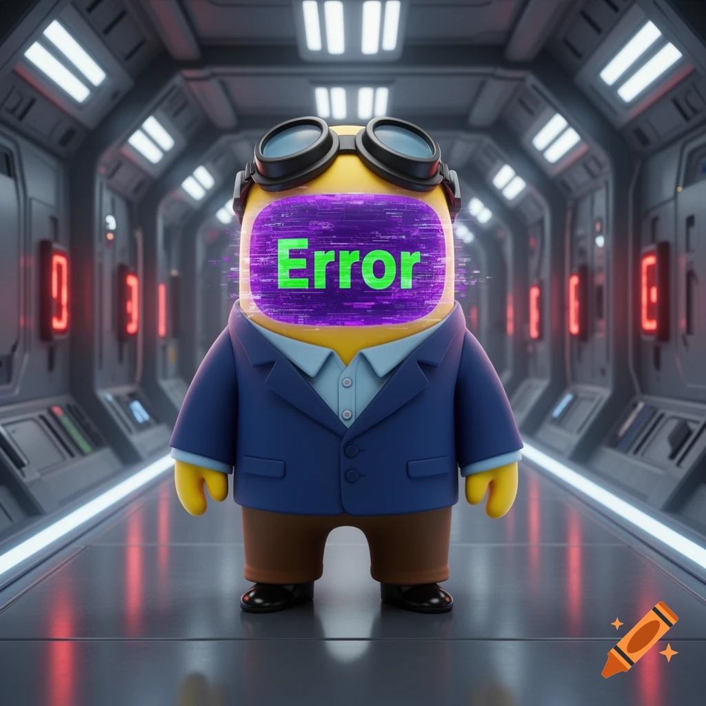 A 3D stylized yellow Among Us character wearing goggles and a suit stands in a spaceship corridor with 'Error' on its screen.