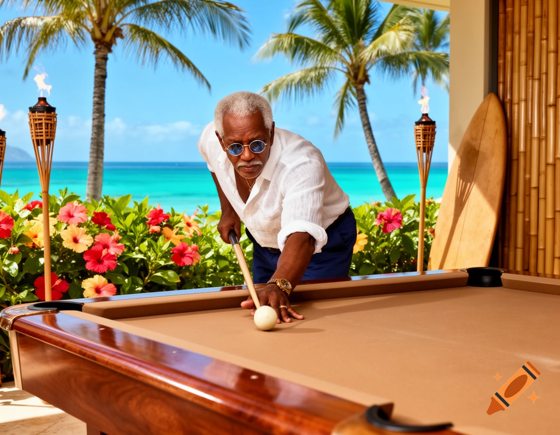 An older man in a white shirt and blue shorts plays pool outdoors, with a turquoise ocean, palm trees, and hibiscus flowers in the background.