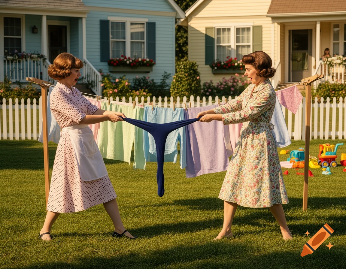 Two 1960s housewives have a comical tug-of-war over navy blue tights on a clothesline in a sunny suburban backyard.