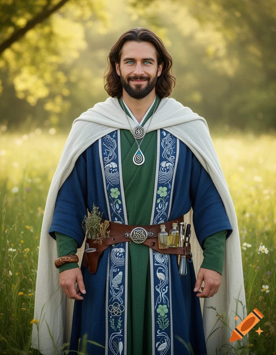 Photorealistic image of a smiling man with long hair and beard, wearing a blue and green Celtic-patterned robe, white cloak, and a leather belt with vials, standing in a sunny wildflower field.