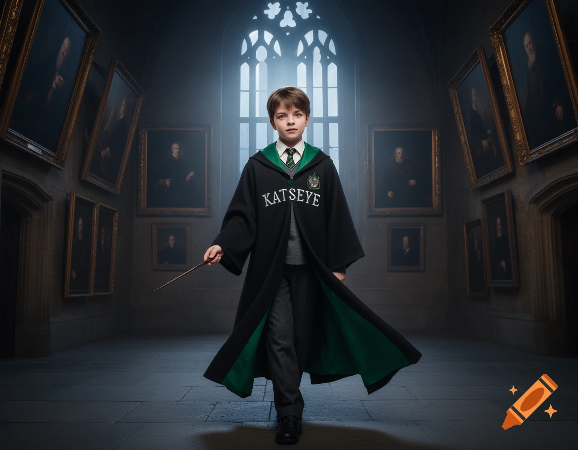A young boy in Harry Potter-style robes with "KATSEYE" on it, holding a wand, walks through a grand castle hall.