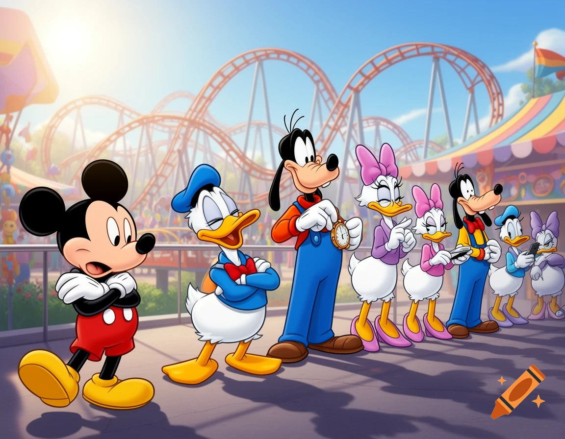 Bored Mickey Mouse, Donald Duck, Goofy, and Daisy Duck characters wait in a line at an amusement park.