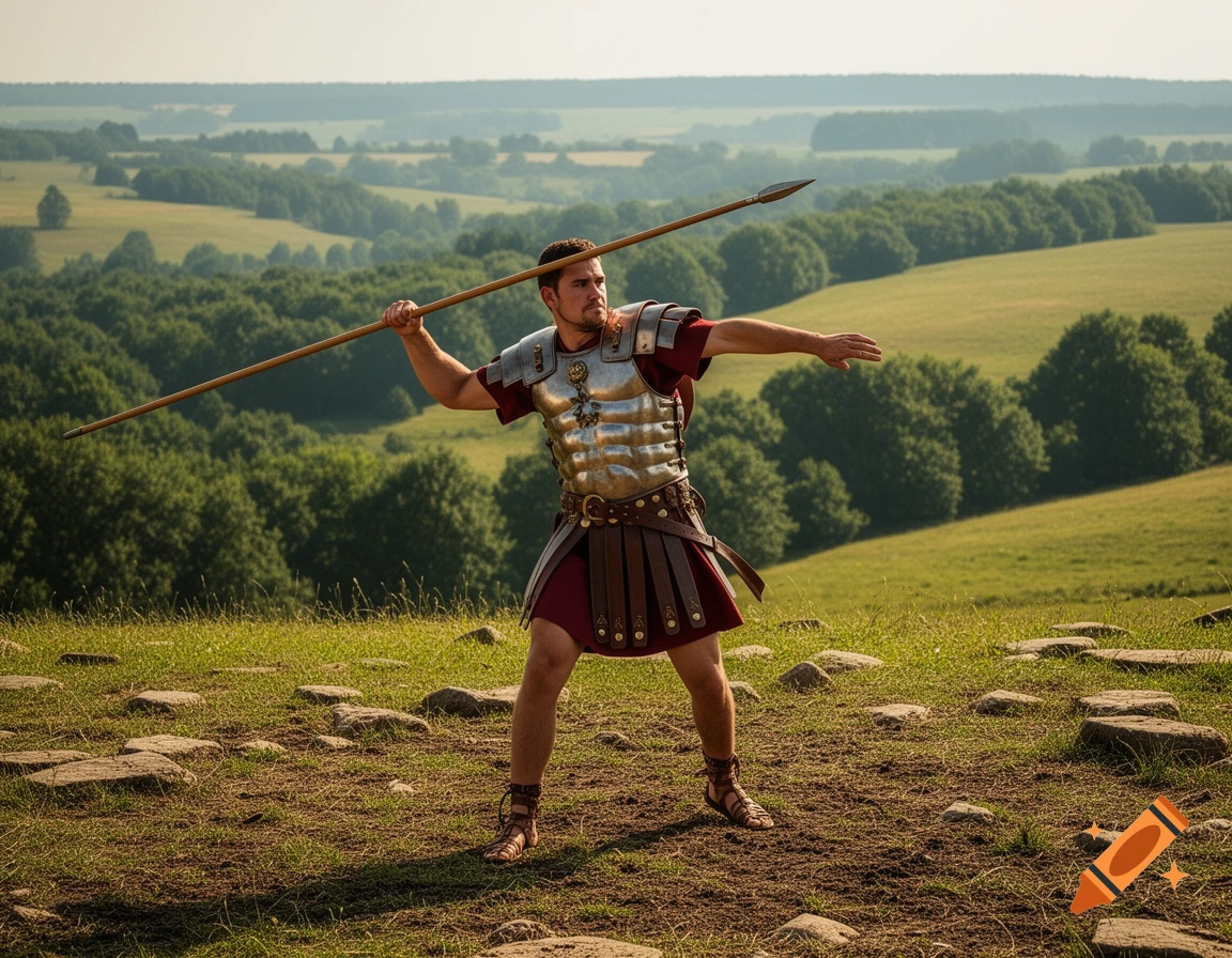 A man in Roman legionary armor and a red tunic stands on a rocky, grassy hill, poised to throw a long javelin, with rolling green hills and trees in the background.