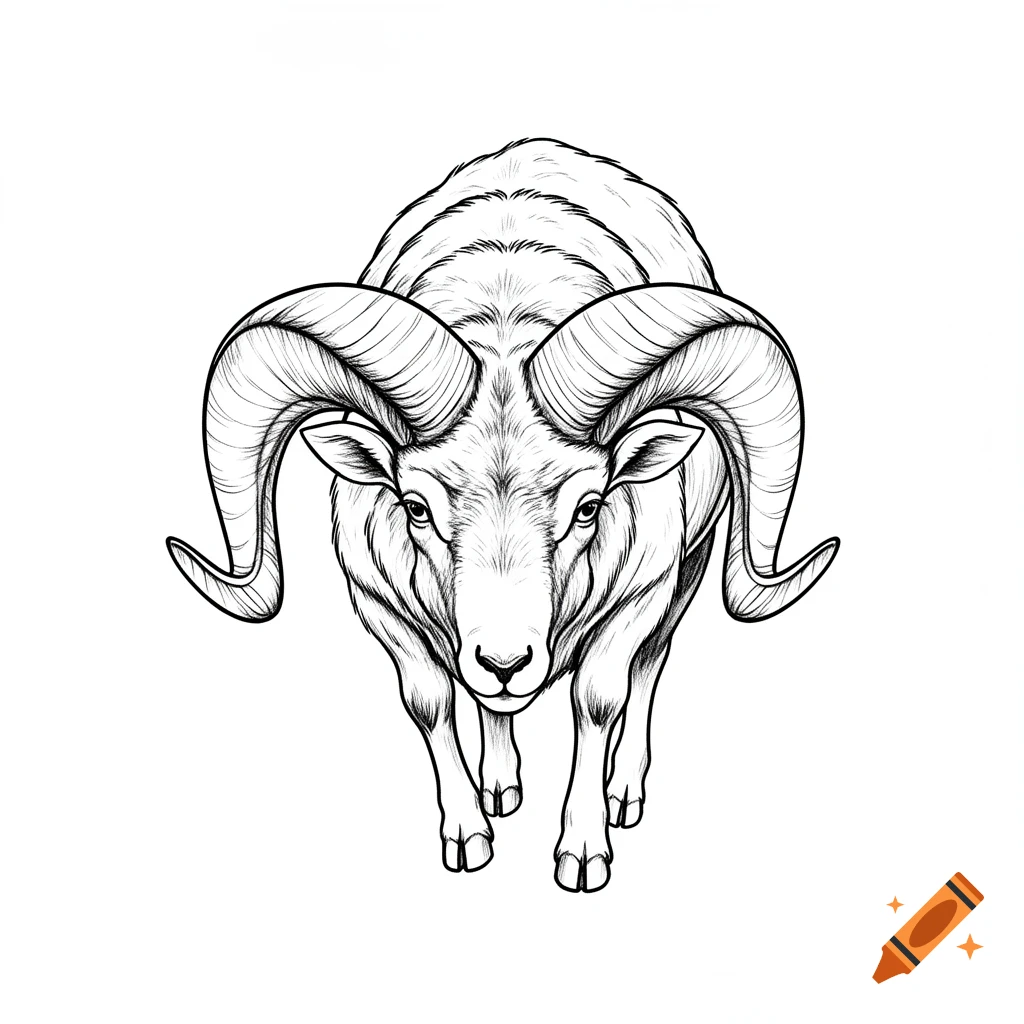 A black and white line drawing of a ram with large curled horns, looking directly forward.
