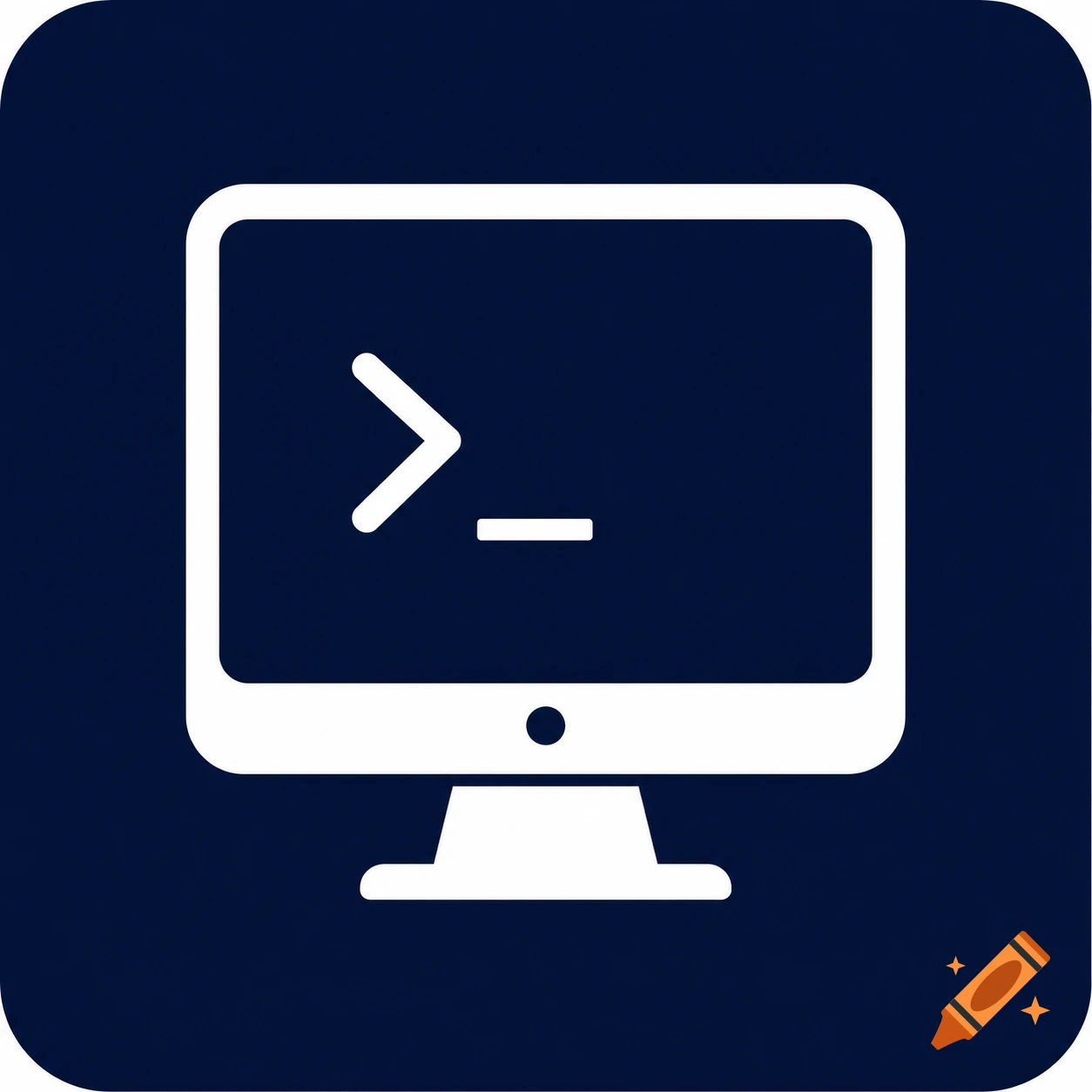A minimalist white icon of a computer monitor displaying a terminal prompt on a dark blue background.