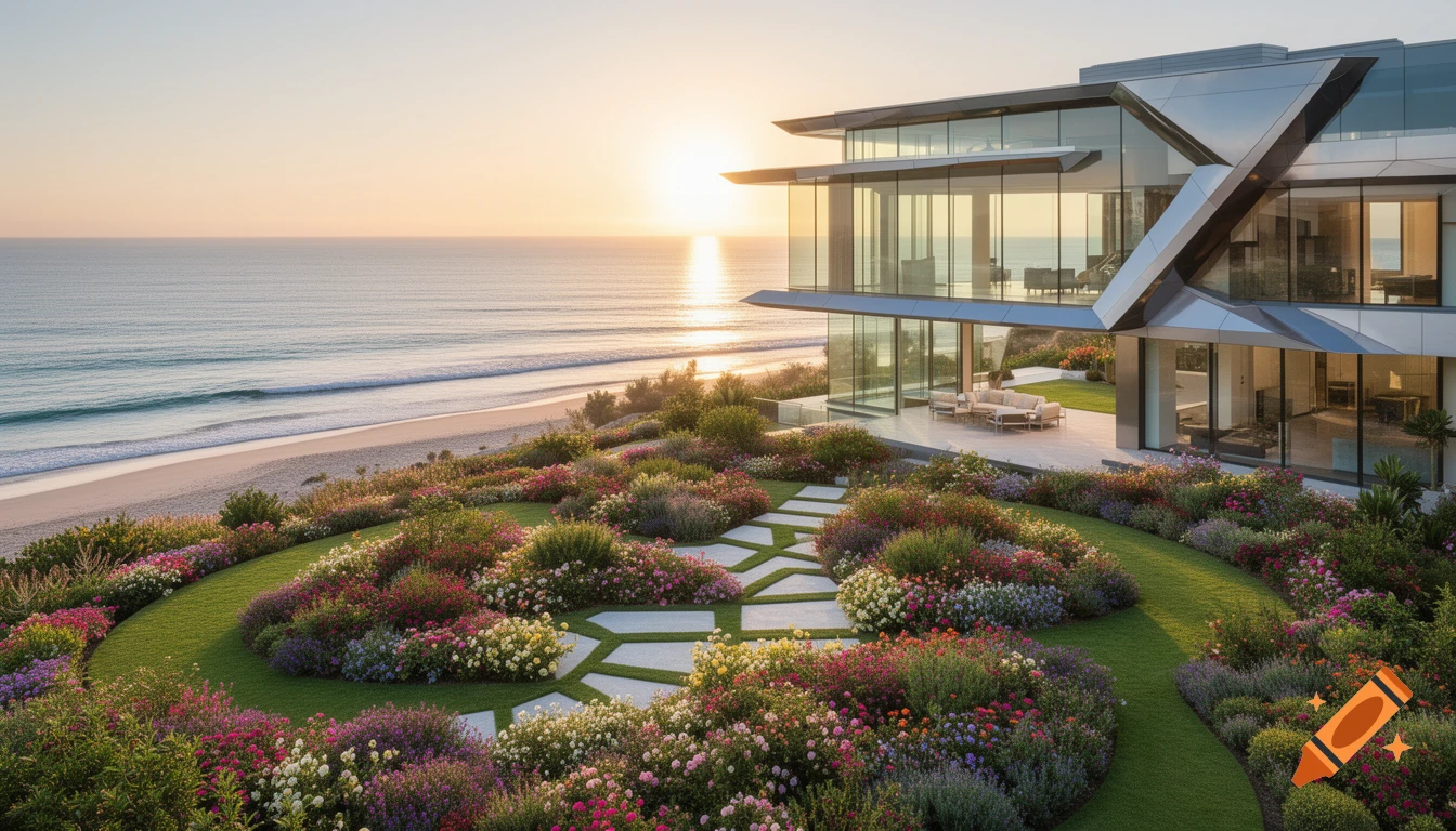 A modern glass mansion overlooking a sandy beach and ocean at sunset, surrounded by a vibrant flower garden.