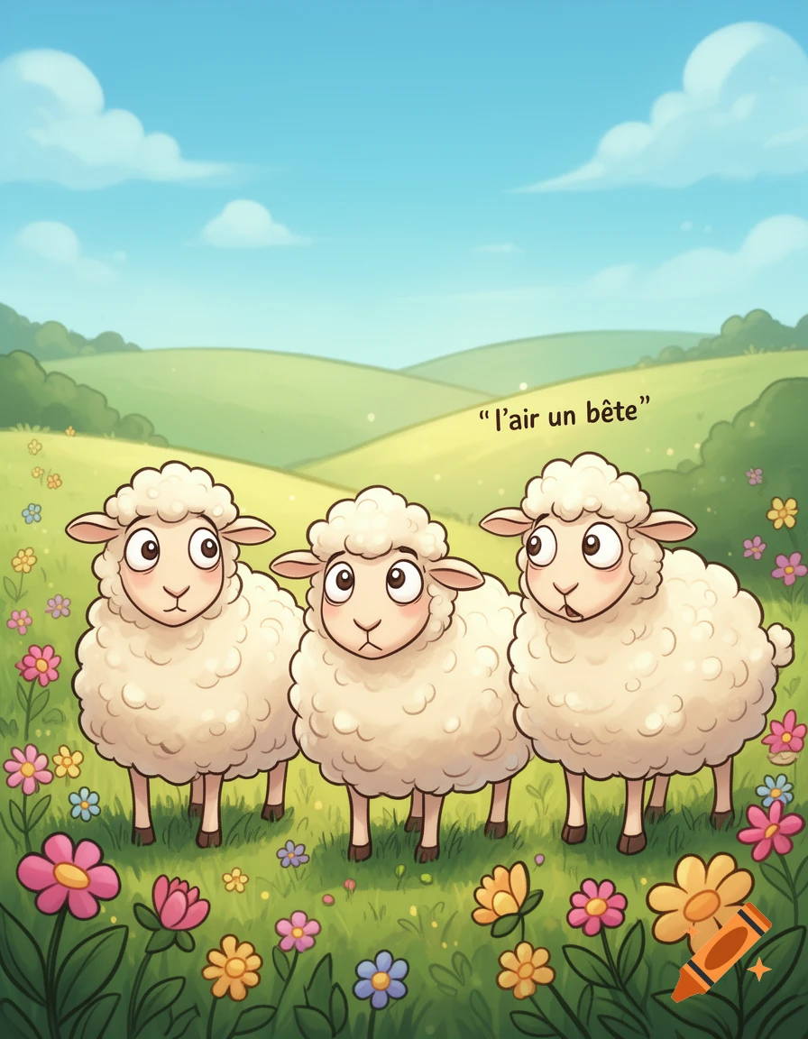 Three cute, cartoon sheep with surprised expressions stand in a vibrant green meadow filled with colorful flowers under a blue sky.