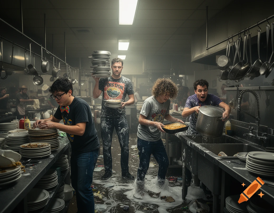 Four men in a chaotic, sudsy restaurant dishroom. One man stacks plates, another holds pans, one holds a casserole, and another empties a pot into a sink.