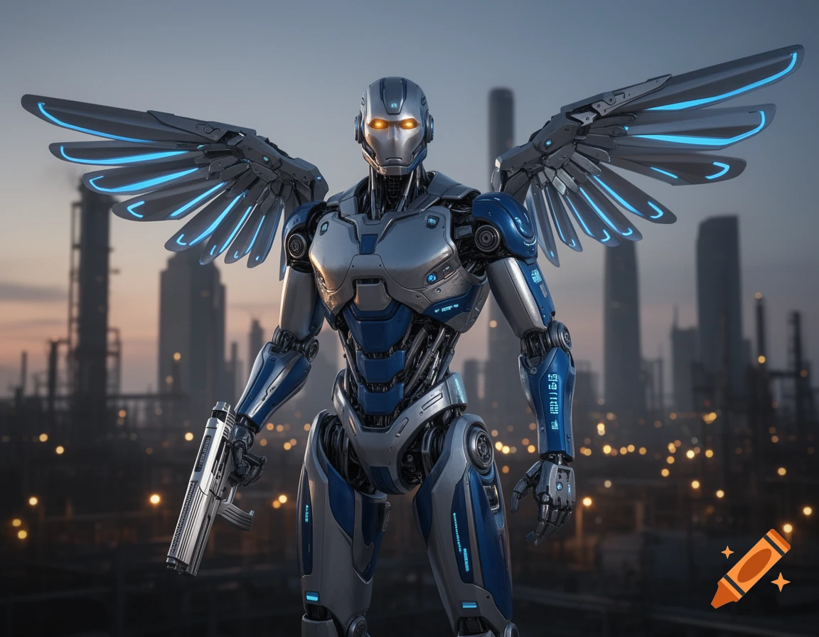 A photorealistic cyborg robot in blue and silver armor with glowing wings and a pistol stands against a futuristic city at dusk.